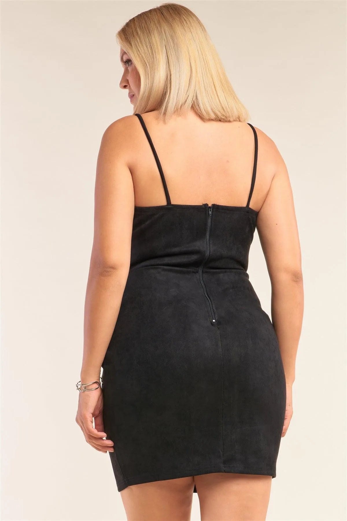 Junior Plus Size Black Suede Sleeveless Fitted Square Neck Mini Dress /2-2-2 - Tasha Apparel Wholesale