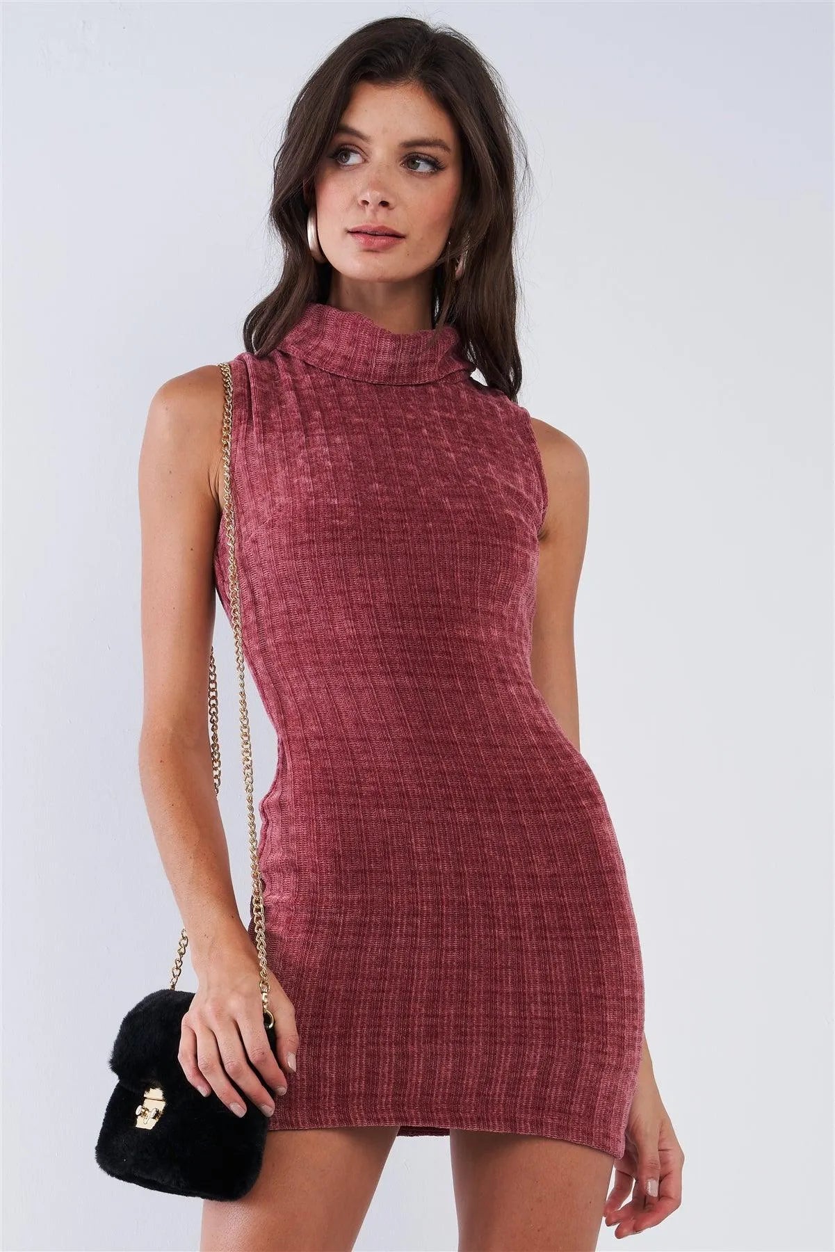 Muted Plum Velvet Tunic Turtle Neck Sleeveless Knitted Dress /2-2-2 - Tasha Apparel Wholesale