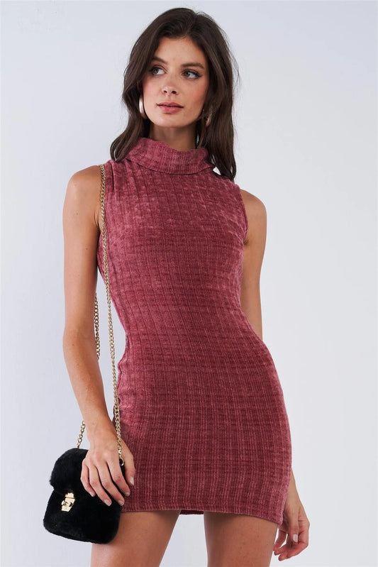 Muted Plum Velvet Tunic Turtle Neck Sleeveless Knitted Dress /2-2-2 - Tasha Apparel Wholesale