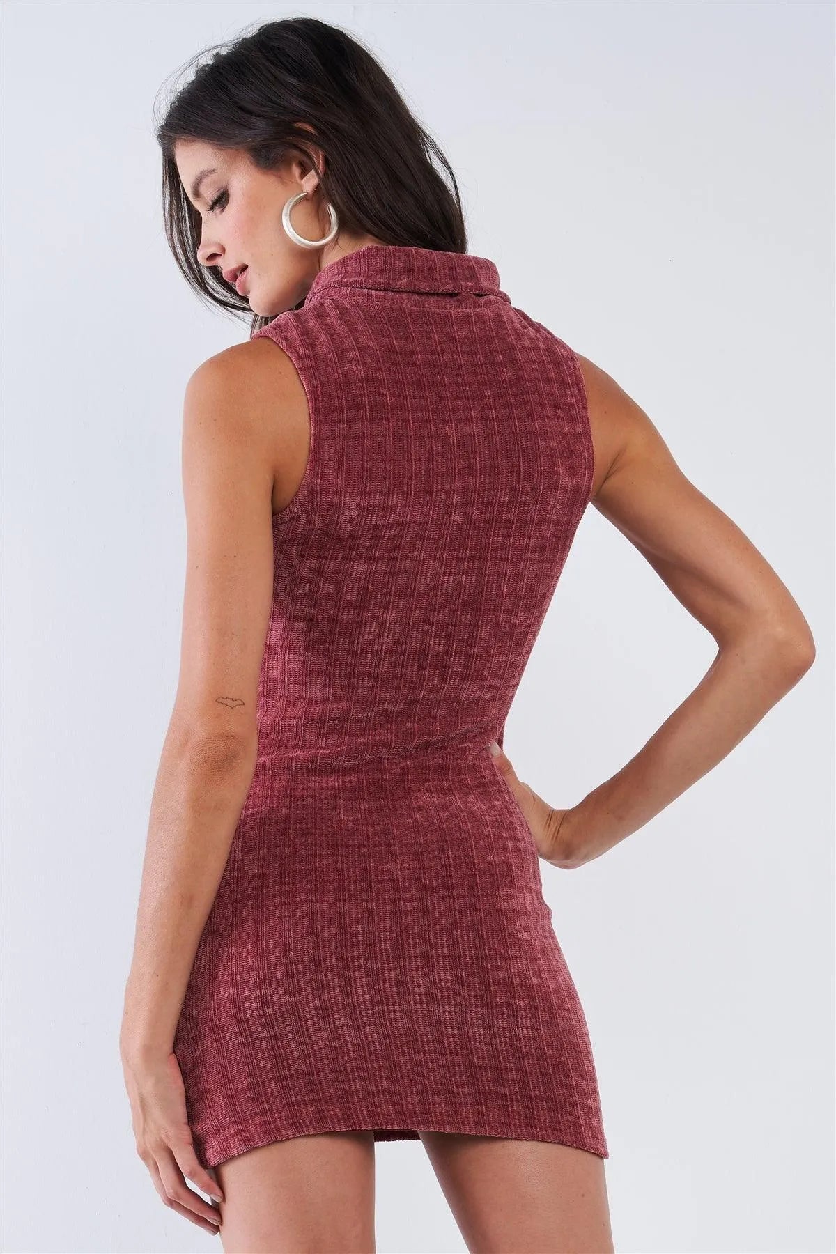 Muted Plum Velvet Tunic Turtle Neck Sleeveless Knitted Dress /2-2-2 - Tasha Apparel Wholesale