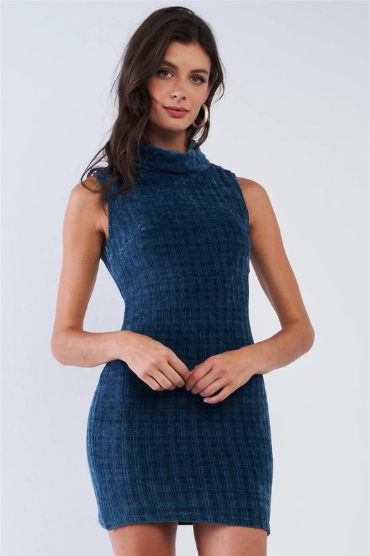 Teal Velvet Tunic Turtle Neck Sleeveless Knitted Dress /2-1-1 - Tasha Apparel Wholesale