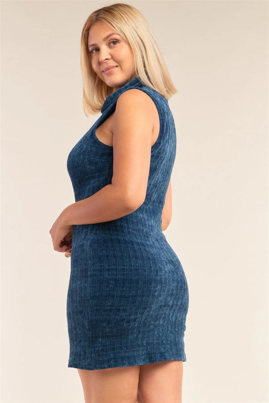 Junior Plus Size Teal Sleeveless Ribbed Knit Semi-Turtleneck Mini Dress /2-2-2 - Tasha Apparel Wholesale