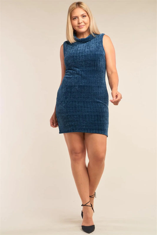 Junior Plus Size Teal Sleeveless Ribbed Knit Semi-Turtleneck Mini Dress /3-2-2 - Tasha Apparel Wholesale