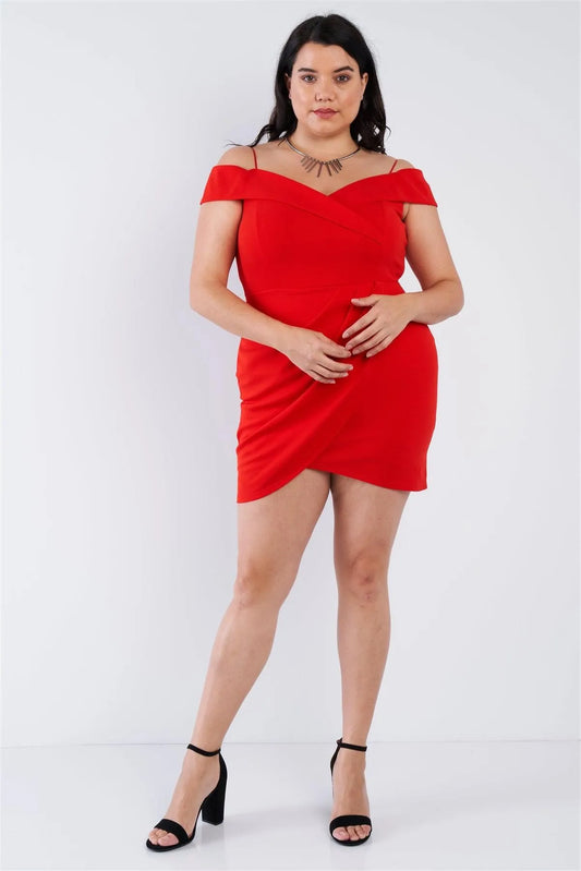 Junior Plus Size Tomato Red Off The Shoulder Mini Dress /2-2-2 - Tasha Apparel Wholesale