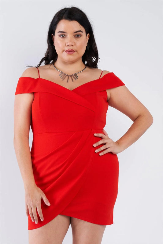 Junior Plus Size Tomato Red Off The Shoulder Mini Dress /3-2-2 - Tasha Apparel Wholesale