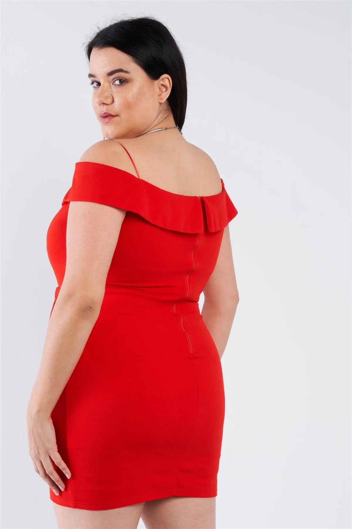 Junior Plus Size Tomato Red Off The Shoulder Mini Dress /3-2-2 - Tasha Apparel Wholesale