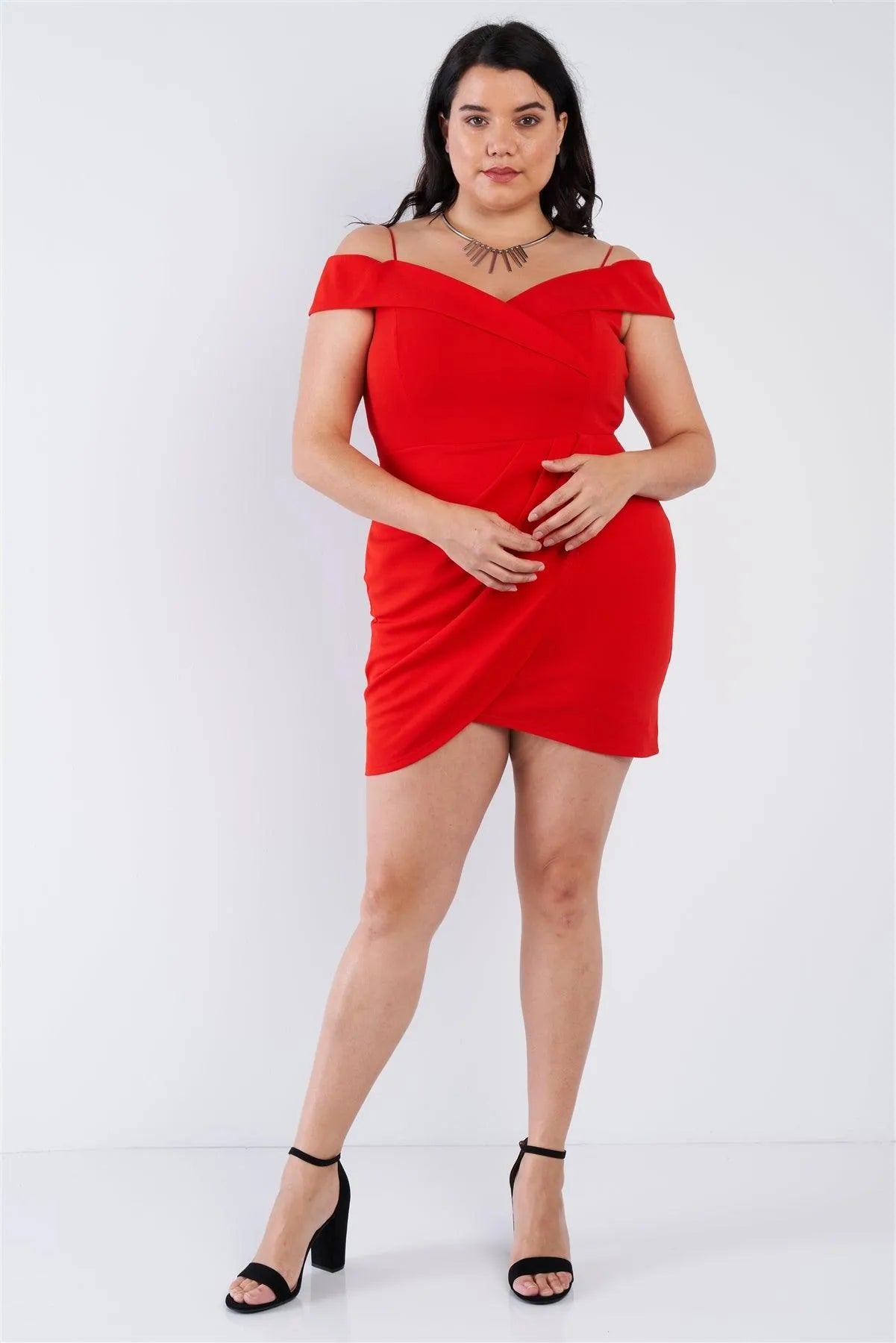 Junior Plus Size Tomato Red Off The Shoulder Mini Dress /3-2-2 - Tasha Apparel Wholesale