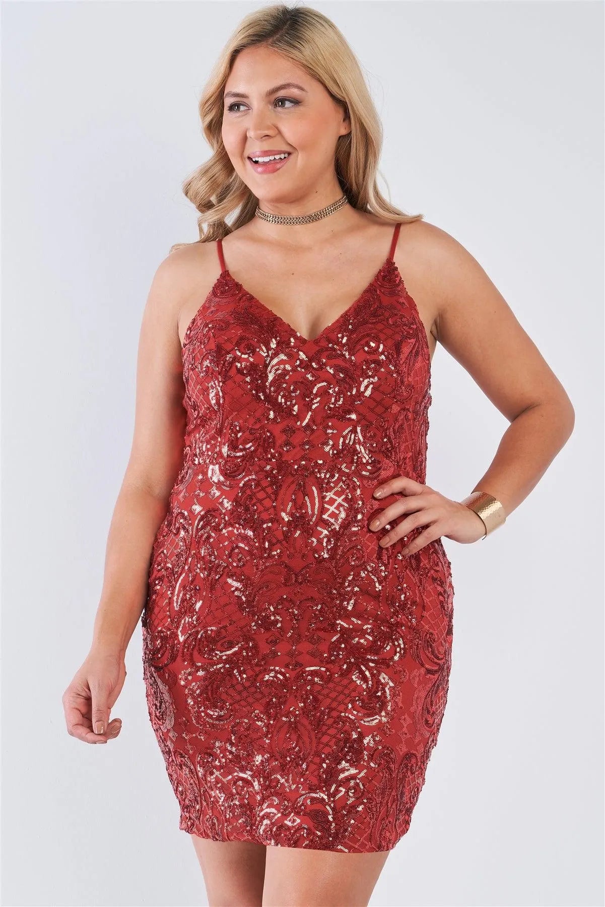 Junior Plus Size Rust V-Neck Sequin Bodycon Mini Dress /2-1-1 - Tasha Apparel Wholesale