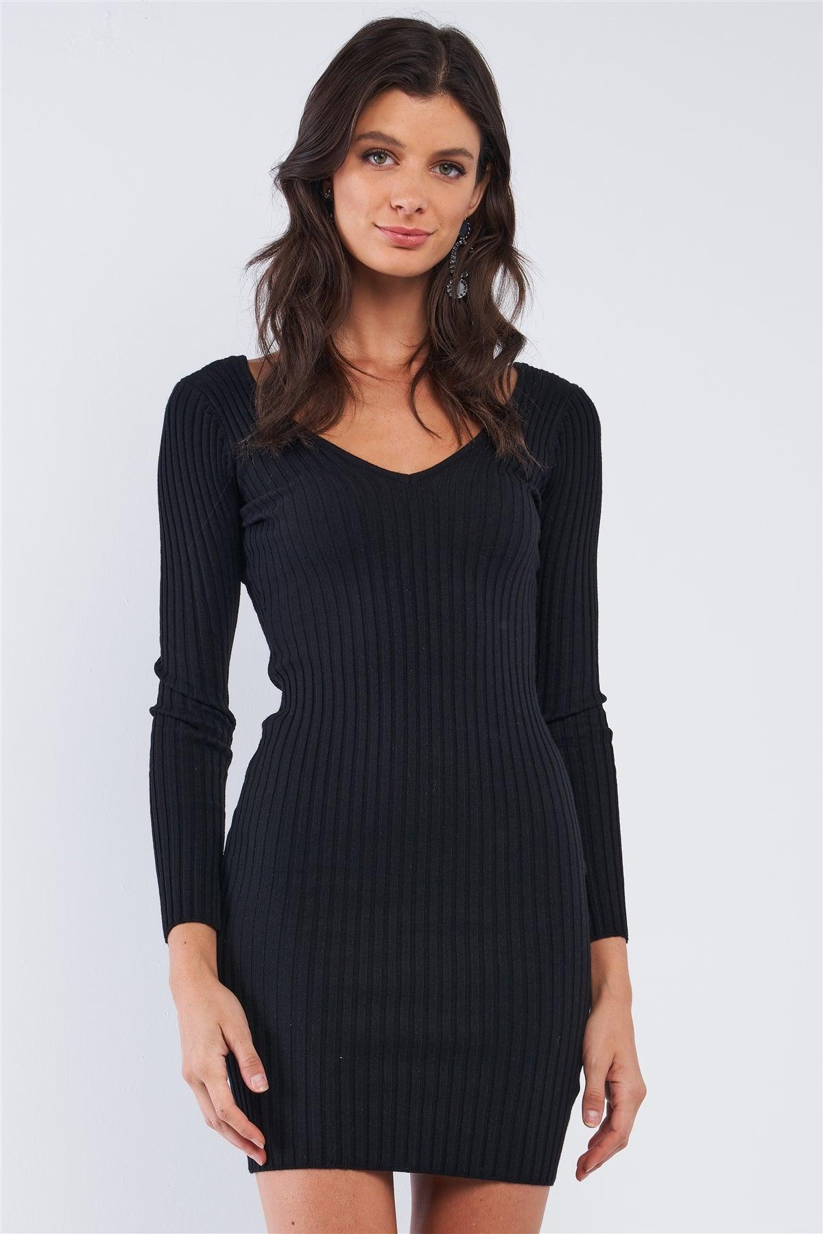 Black V-Neck Long Sleeve Ribbed Knit Sweater Mini Dress /3-3