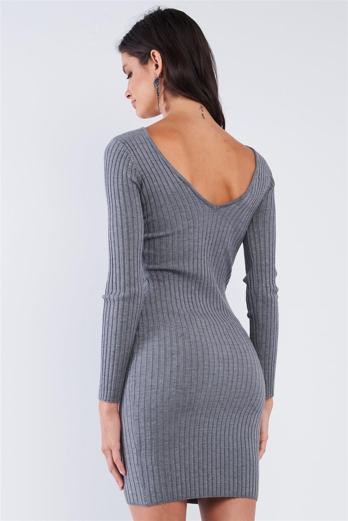 Heather Grey V-Neck Long Sleeve Ribbed Knit Sweater Mini Dress /3-3