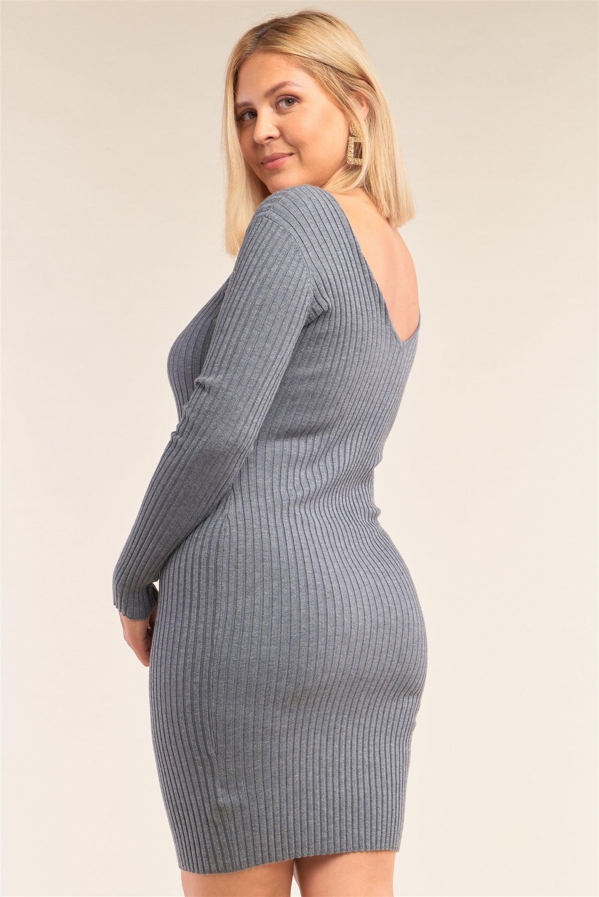 Junior Plus Size Heather Grey V-Neck Long Sleeve Ribbed Sweater Bodycon Mini Dress /3-3