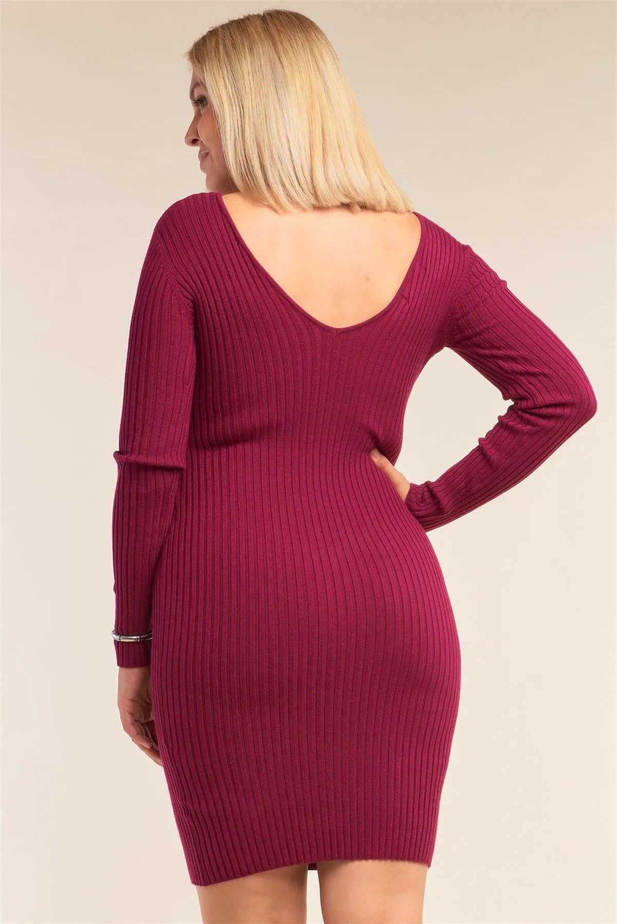 Junior Plus Size Magenta V-Neck Long Sleeve Ribbed Sweater Bodycon Mini Dress /3-2 - Tasha Apparel Wholesale