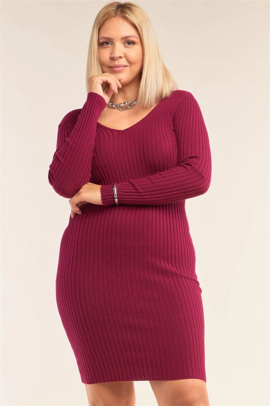 Junior Plus Size Magenta V-Neck Long Sleeve Ribbed Sweater Bodycon Mini Dress /3-3 - Tasha Apparel Wholesale