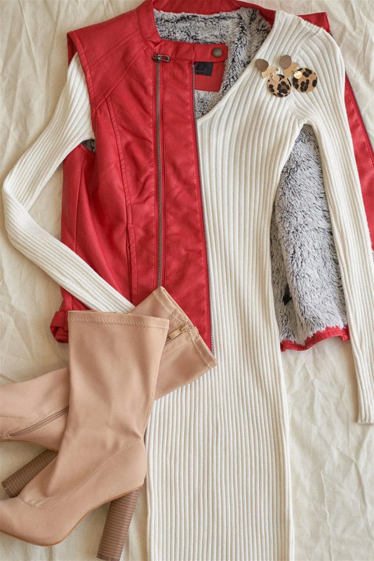 Off-White V-Neck Long Sleeve Ribbed Sweater Mini Dress /3-3 - Tasha Apparel Wholesale