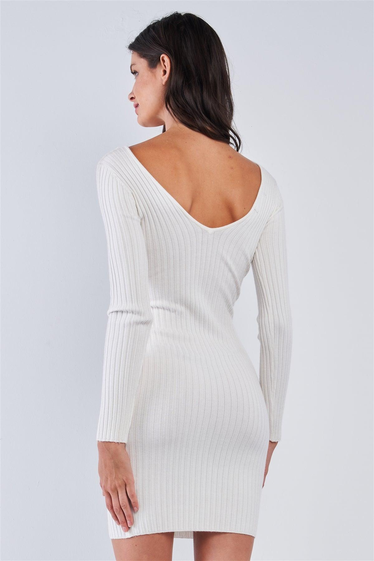 Off-White V-Neck Long Sleeve Ribbed Sweater Mini Dress /3-3