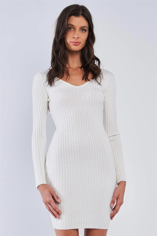 Off-White V-Neck Long Sleeve Ribbed Knit Sweater Mini Dress - Tasha Apparel Wholesale