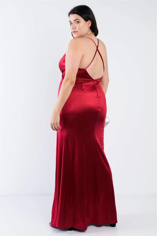 Junior Plus Size Burgundy Surplice Open Criss Cross Back Maxi Dress /3-2-2 - Tasha Apparel Wholesale
