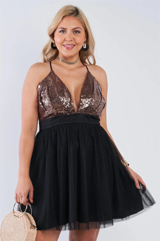 Junior Plus Size Black Sequin V-Neck Fit N' Flare Cocktail Dress /2-2-2 - Tasha Apparel Wholesale