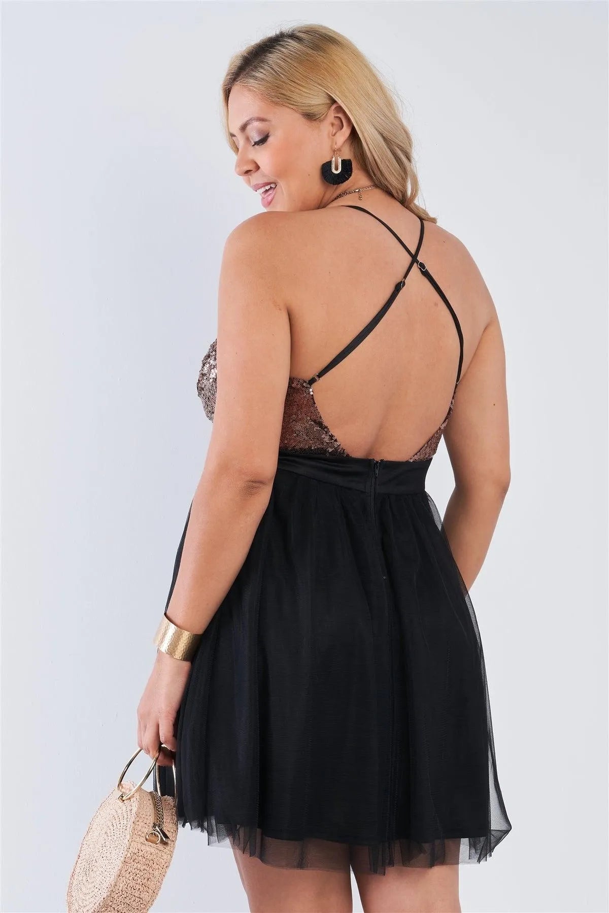 Junior Plus Size Black Sequin V-Neck Fit N' Flare Cocktail Dress /2-2-2 - Tasha Apparel Wholesale