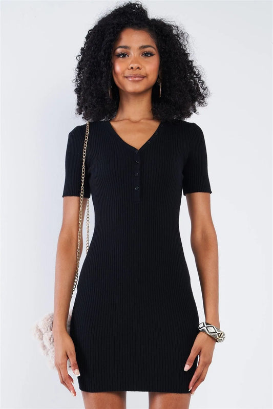 Black Ribbed Tight Fit Mini Sleeve Deep Plunge Button Down V-Neck Mini Dress /3-2 - Tasha Apparel Wholesale