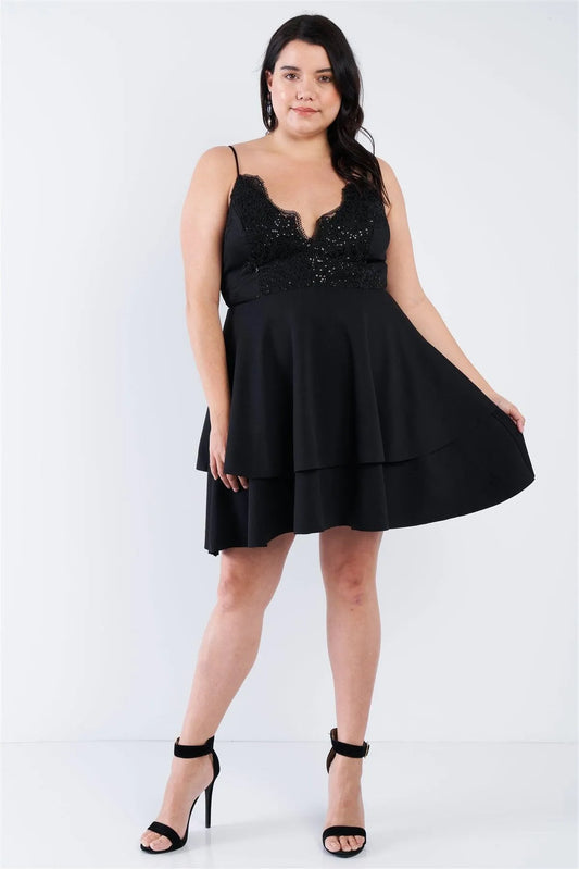 Junior Plus Size Black Lace Embroidered Layered Mini Dress /2-1-1 - Tasha Apparel Wholesale