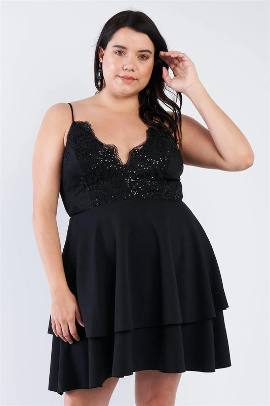 Junior Plus Size Black Lace Embroidered Layered Mini Dress /2-2-2 - Tasha Apparel Wholesale