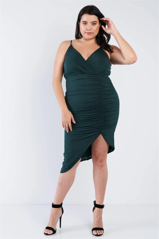 Junior Plus Size Sheen Hunter Green Scrunch Dress /2-2-2 - Tasha Apparel Wholesale