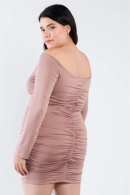 Junior Plus Size Mocha Off The Shoulder Lace Up Ruched Mini Dress /2-2-2 - Tasha Apparel Wholesale