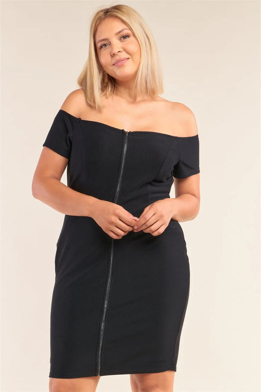 Junior Plus Size Black Fitted Off-The-Shoulder Front Zipper Bodycon Mini Dress /2-2-2 - Tasha Apparel Wholesale