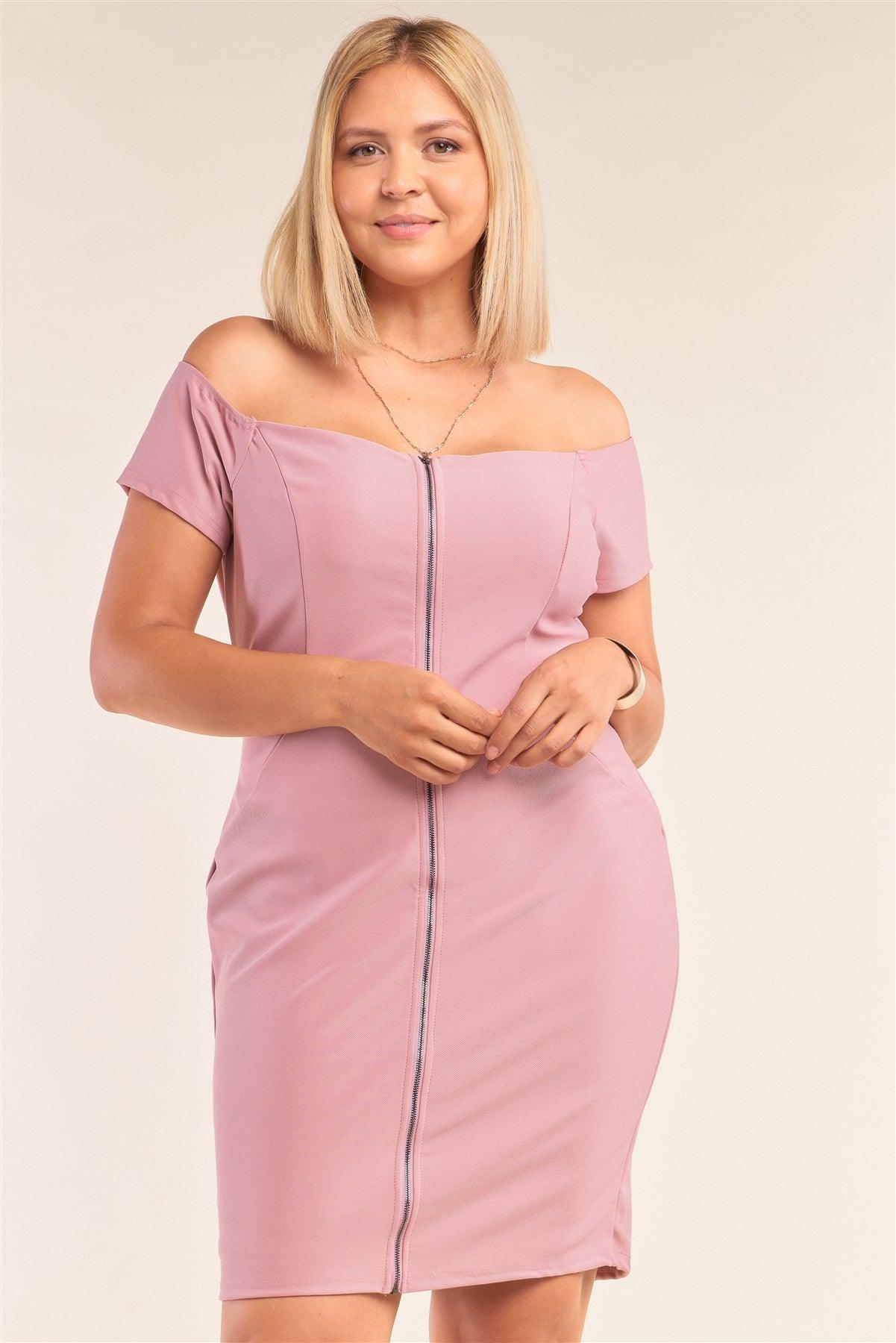 Junior Plus Size Blush Pink Fitted Off-The-Shoulder Front Zipper Bodycon Mini Dress /2-2-2