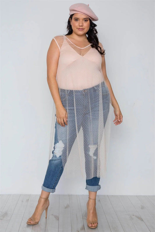 Junior Plus Size Beige Dotted Mesh Cover Up With Bodysuit Set /2-2-2 - Tasha Apparel Wholesale