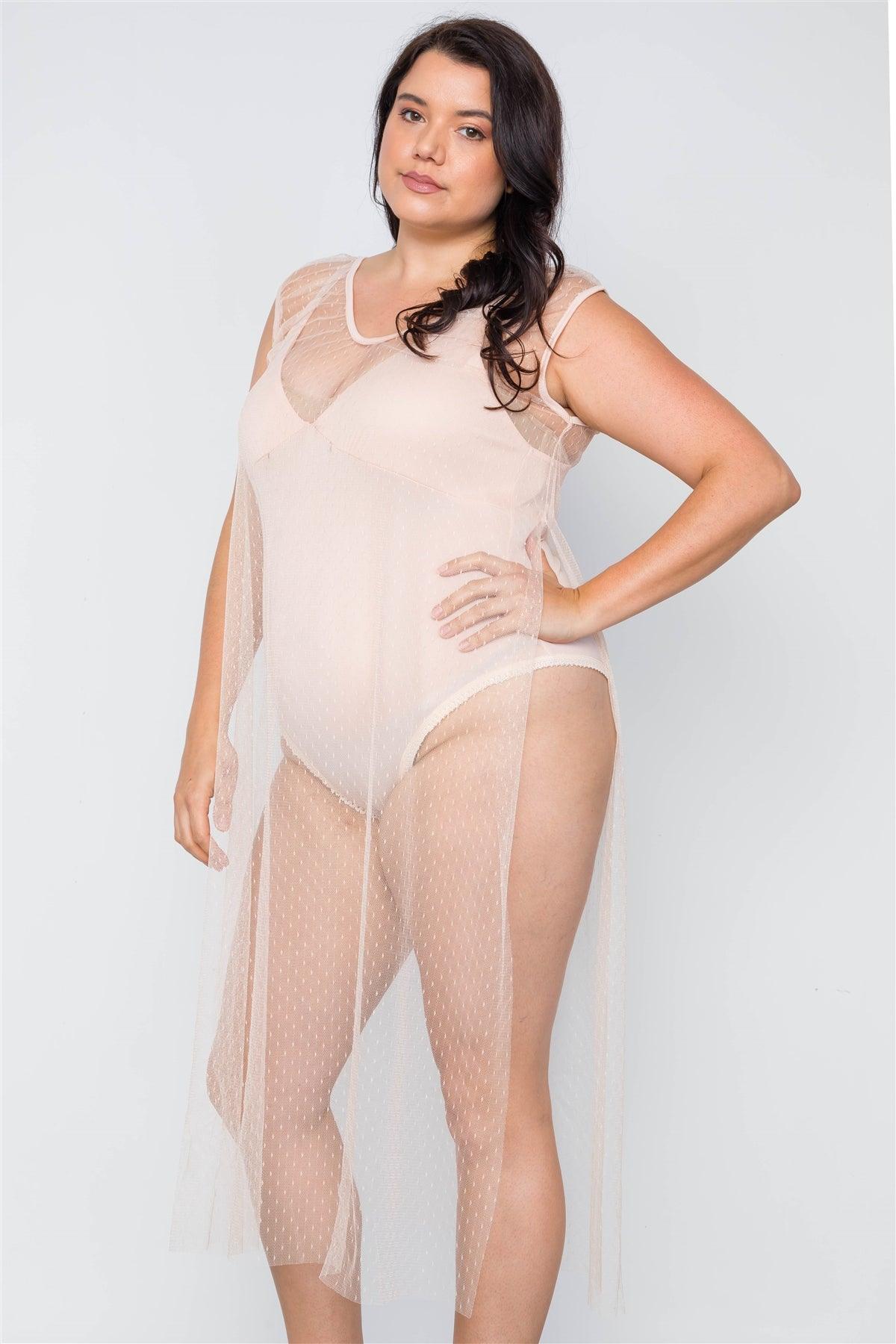 Junior Plus Size Beige Dotted Mesh Cover Up With Bodysuit Set /2-2-2