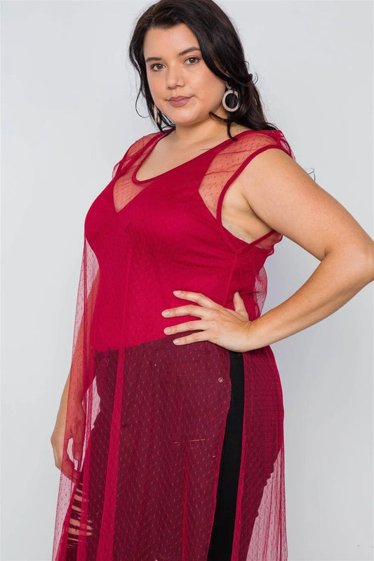 Plus Size Red Dotted Mesh Cover Up With Bodysuit Set /2-1 - Tasha Apparel Wholesale