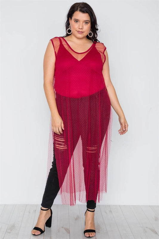 Plus Size Red Dotted Mesh Cover Up With Bodysuit Set /2-2-2 - Tasha Apparel Wholesale