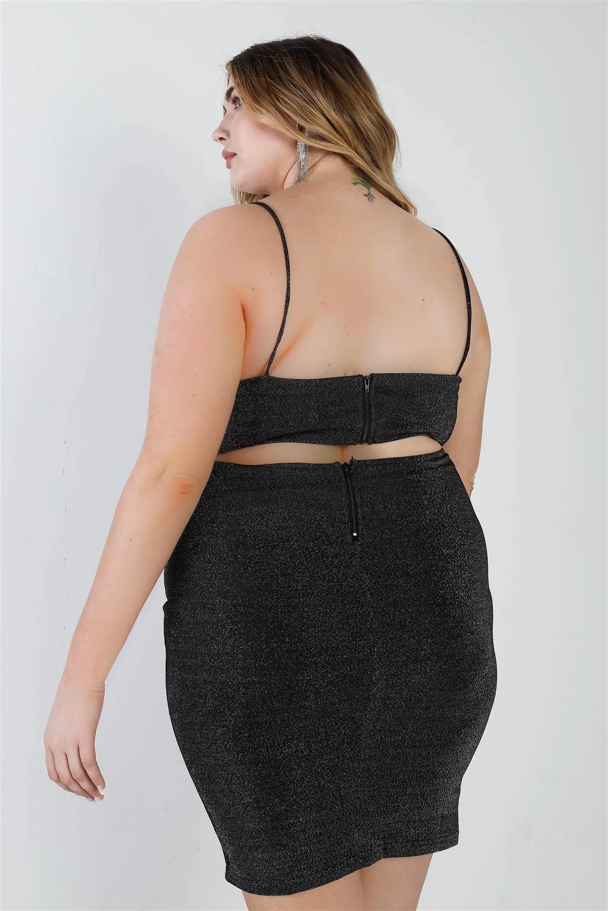 Junior Plus Black Lurex V-Neck Cut-Out Back Sleeveless Mini Dress /1-1-1 - Tasha Apparel Wholesale