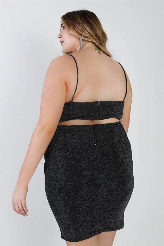 Junior Plus Black Lurex V-Neck Cut-Out Back Sleeveless Mini Dress /1-1-1 - Tasha Apparel Wholesale