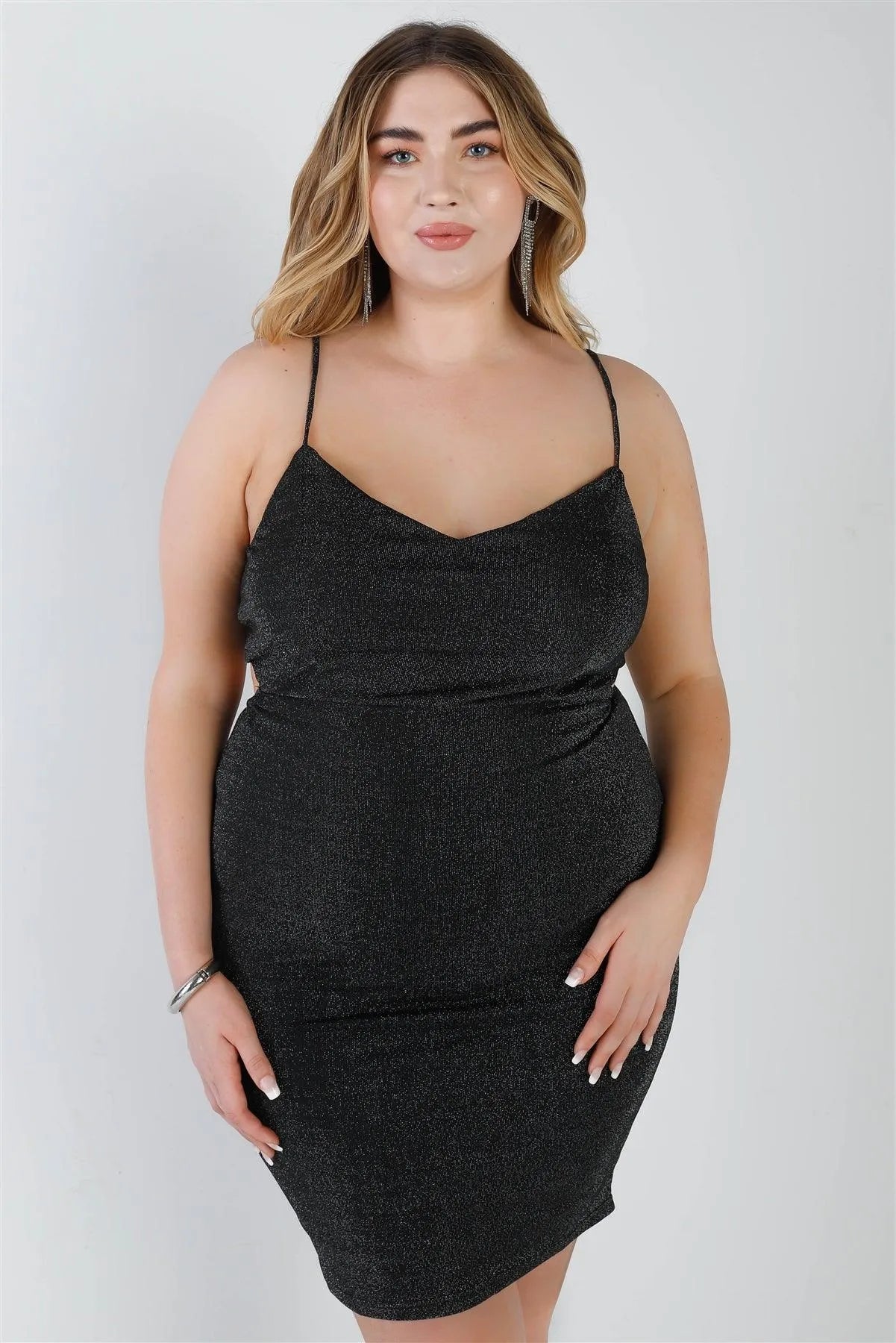 Junior Plus Black Lurex V-Neck Cut-Out Back Sleeveless Mini Dress /1-1-1 - Tasha Apparel Wholesale