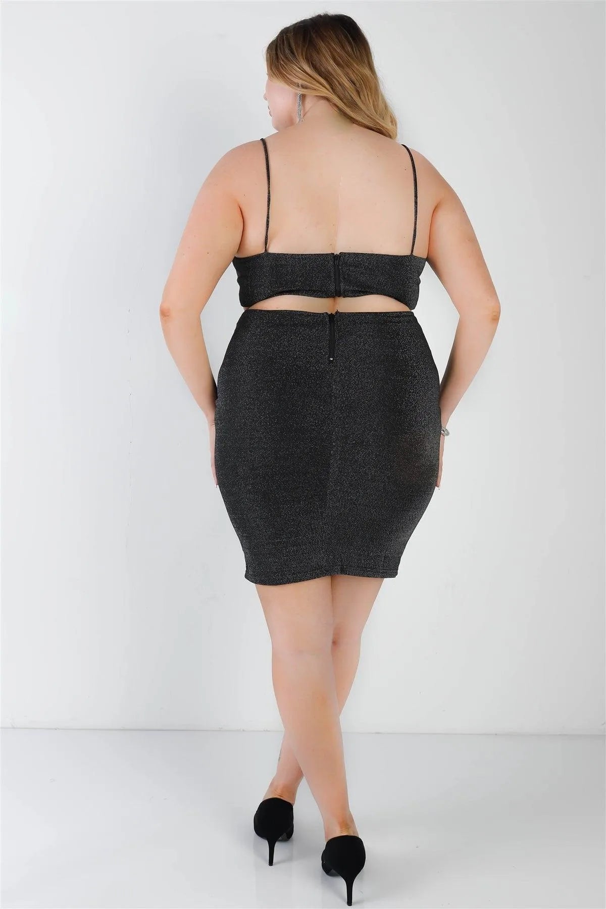 Junior Plus Black Lurex V-Neck Cut-Out Back Sleeveless Mini Dress /1-1-1 - Tasha Apparel Wholesale