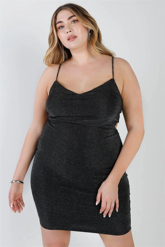 Junior Plus Black Lurex V-Neck Cut-Out Back Sleeveless Mini Dress /2-2-2 - Tasha Apparel Wholesale
