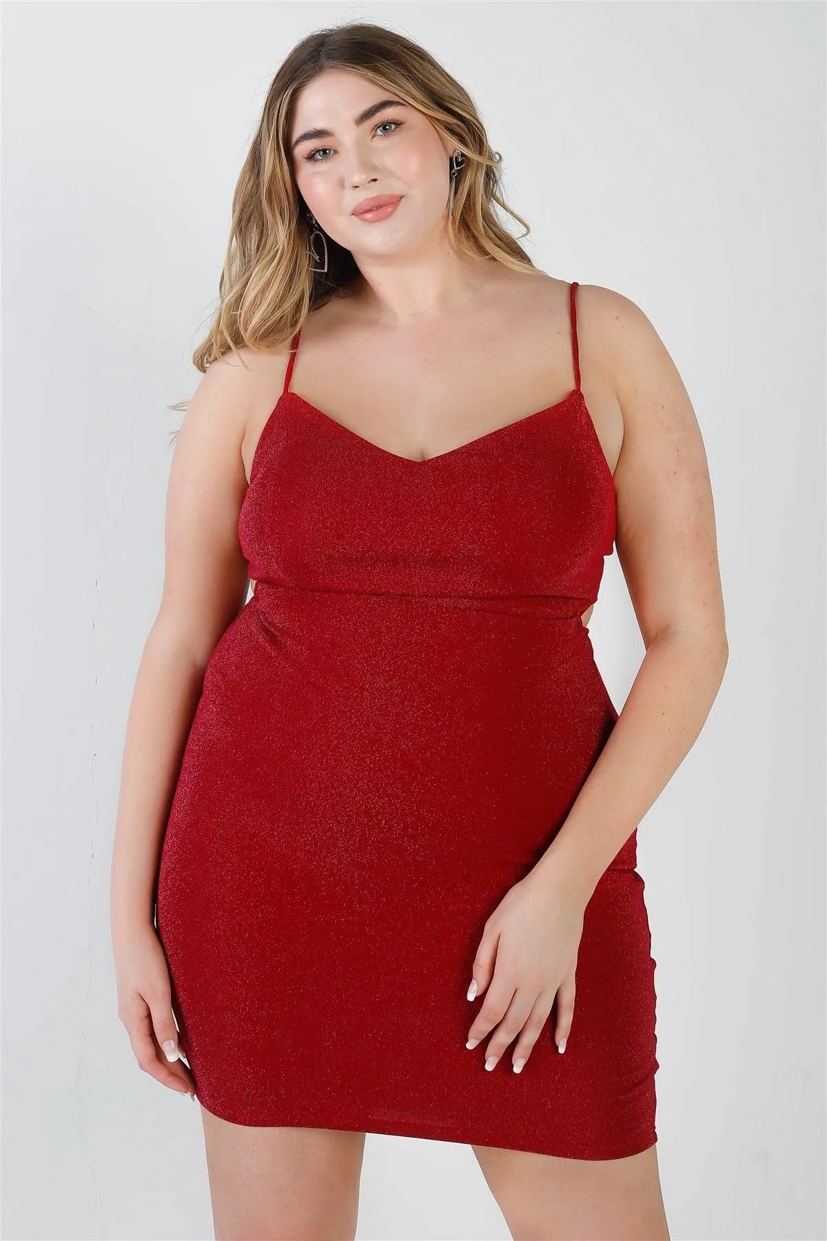 Junior Plus Red Lurex V-Neck Cut-Out Back Sleeveless Mini Dress /1-1-1 - Tasha Apparel Wholesale