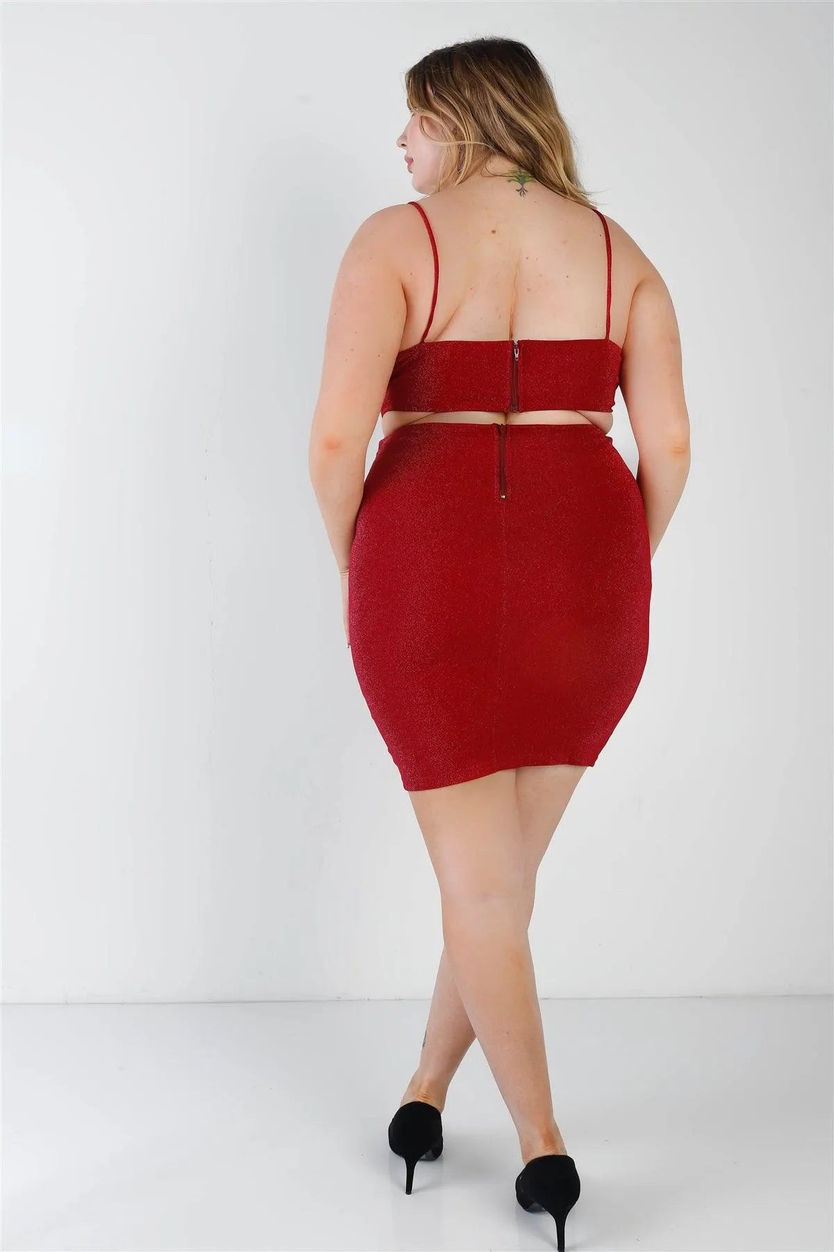 Junior Plus Red Lurex V-Neck Cut-Out Back Sleeveless Mini Dress /1-1-1 - Tasha Apparel Wholesale