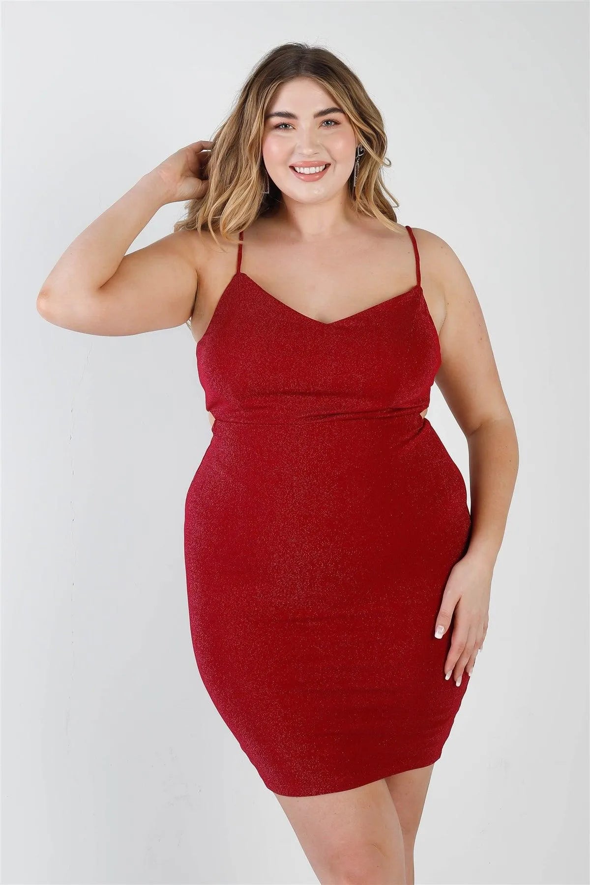 Junior Plus Red Lurex V-Neck Cut-Out Back Sleeveless Mini Dress /2-2-2 - Tasha Apparel Wholesale