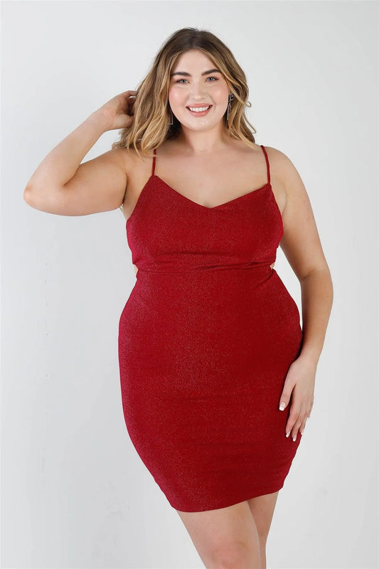 Junior Plus Red Lurex V-Neck Cut-Out Back Sleeveless Mini Dress /2-2-2 - Tasha Apparel Wholesale