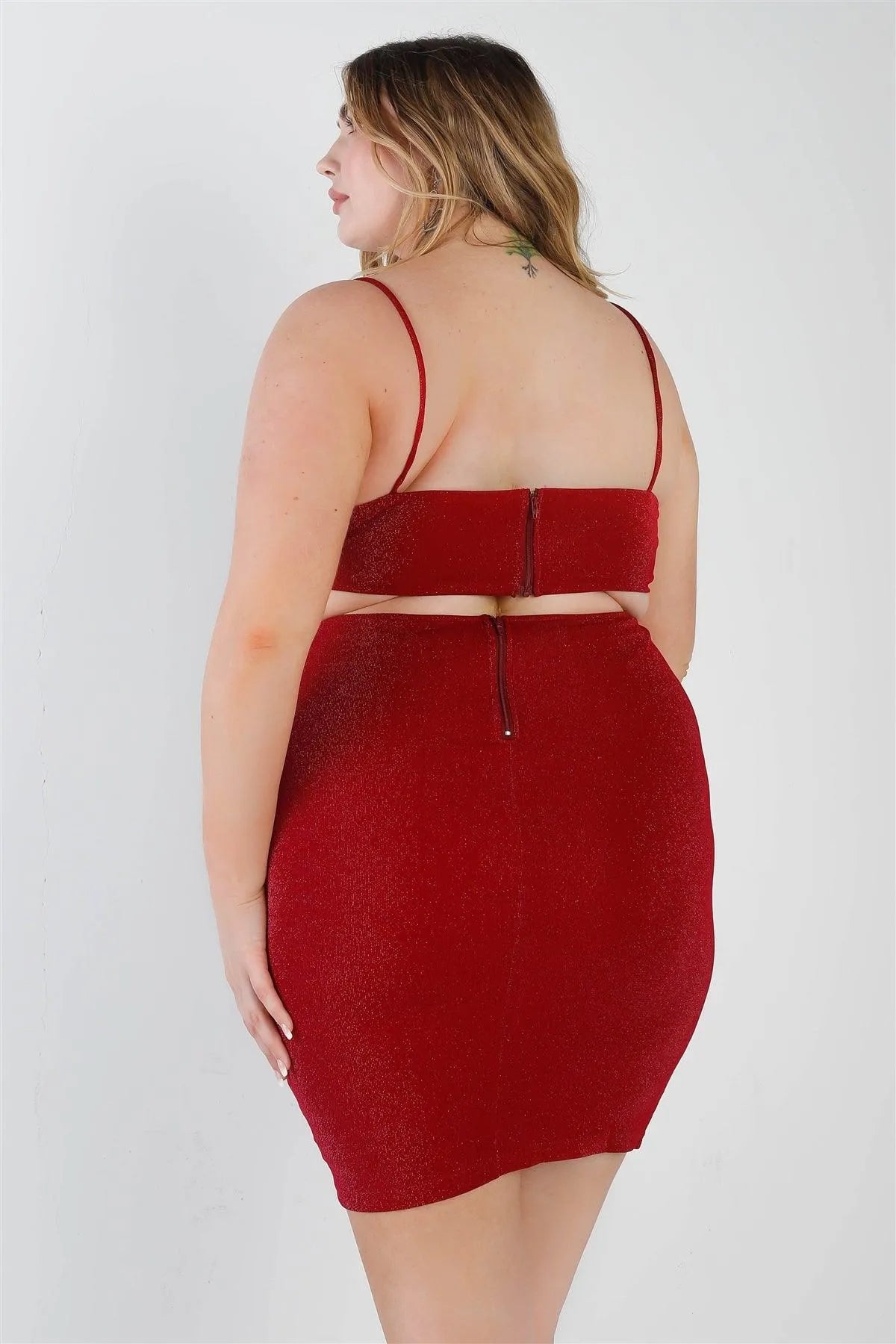 Junior Plus Red Lurex V-Neck Cut-Out Back Sleeveless Mini Dress /2-2-2 - Tasha Apparel Wholesale