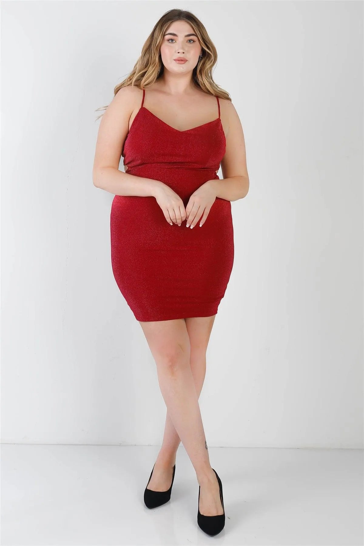 Junior Plus Red Lurex V-Neck Cut-Out Back Sleeveless Mini Dress /2-2-2 - Tasha Apparel Wholesale