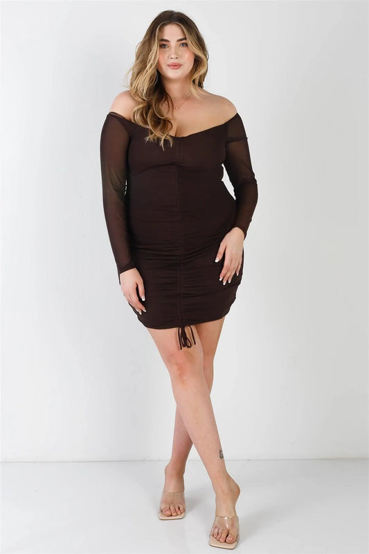 Junior Plus Chocolate Mesh Front Ruched Detail Off-The-Shoulder Long Sleeve Mini Dress /1-1-1 - Tasha Apparel Wholesale