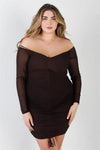 Junior Plus Chocolate Mesh Front Ruched Detail Off-The-Shoulder Long Sleeve Mini Dress /2-2-2 - Tasha Apparel Wholesale