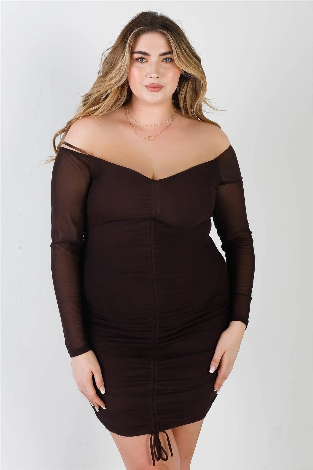 Junior Plus Chocolate Mesh Front Ruched Detail Off-The-Shoulder Long Sleeve Mini Dress /2-2-2 - Tasha Apparel Wholesale