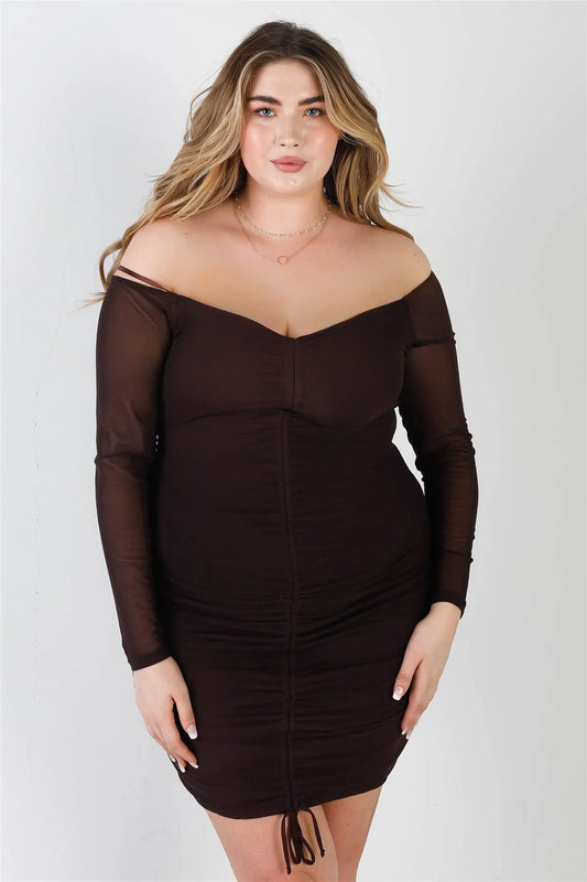 Junior Plus Chocolate Mesh Front Ruched Detail Off-The-Shoulder Long Sleeve Mini Dress /2-2-2 - Tasha Apparel Wholesale