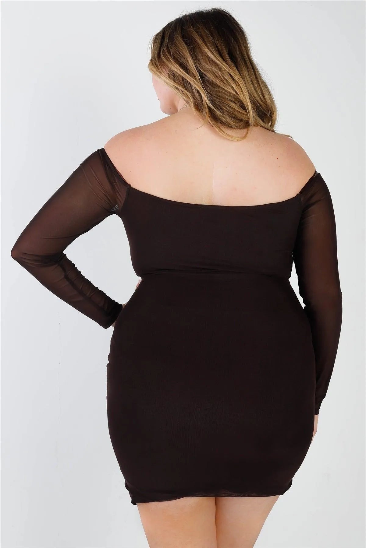 Junior Plus Chocolate Mesh Front Ruched Detail Off-The-Shoulder Long Sleeve Mini Dress /2-2-2 - Tasha Apparel Wholesale